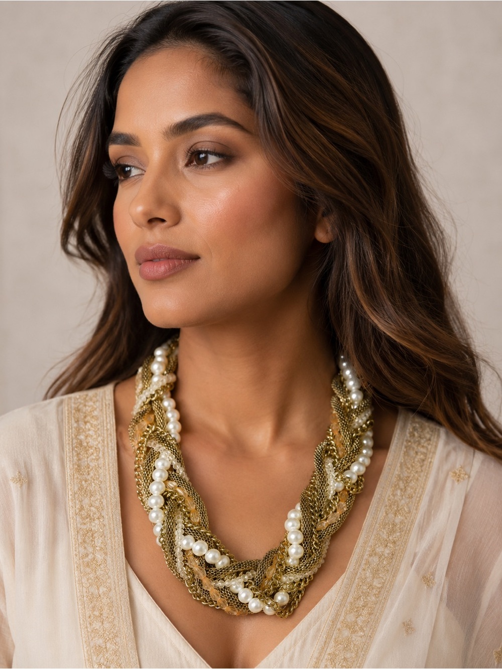 New York & Company Gold and White Braided Pearl Necklace - Women Jewelry